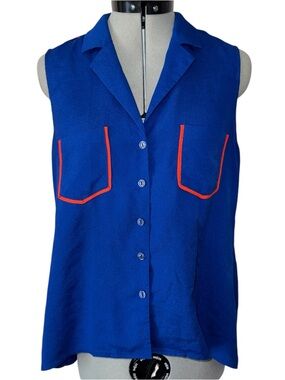 Sleeveless Blue Button-Front Top with Red Trim